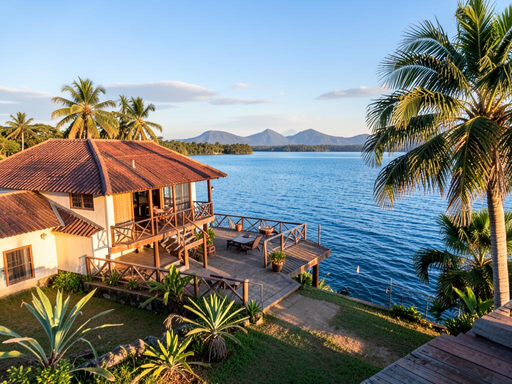 Lakefront house with wide veranda